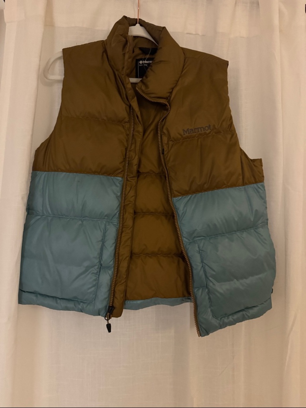 Marmot Two-Tone Kids Puffer Vest in Olive Green & Light Blue